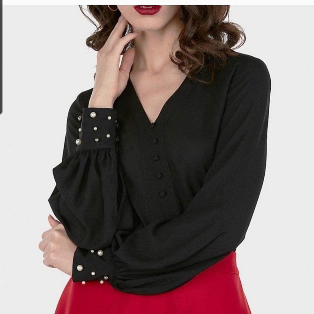 Express Black Pearl-Trim V-Neck Blouse